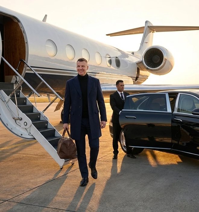 Oliver Camponovo on the apron at sunset, a leather bag in hand, having stepped down from a private jet; behind him a driver holds a car door open